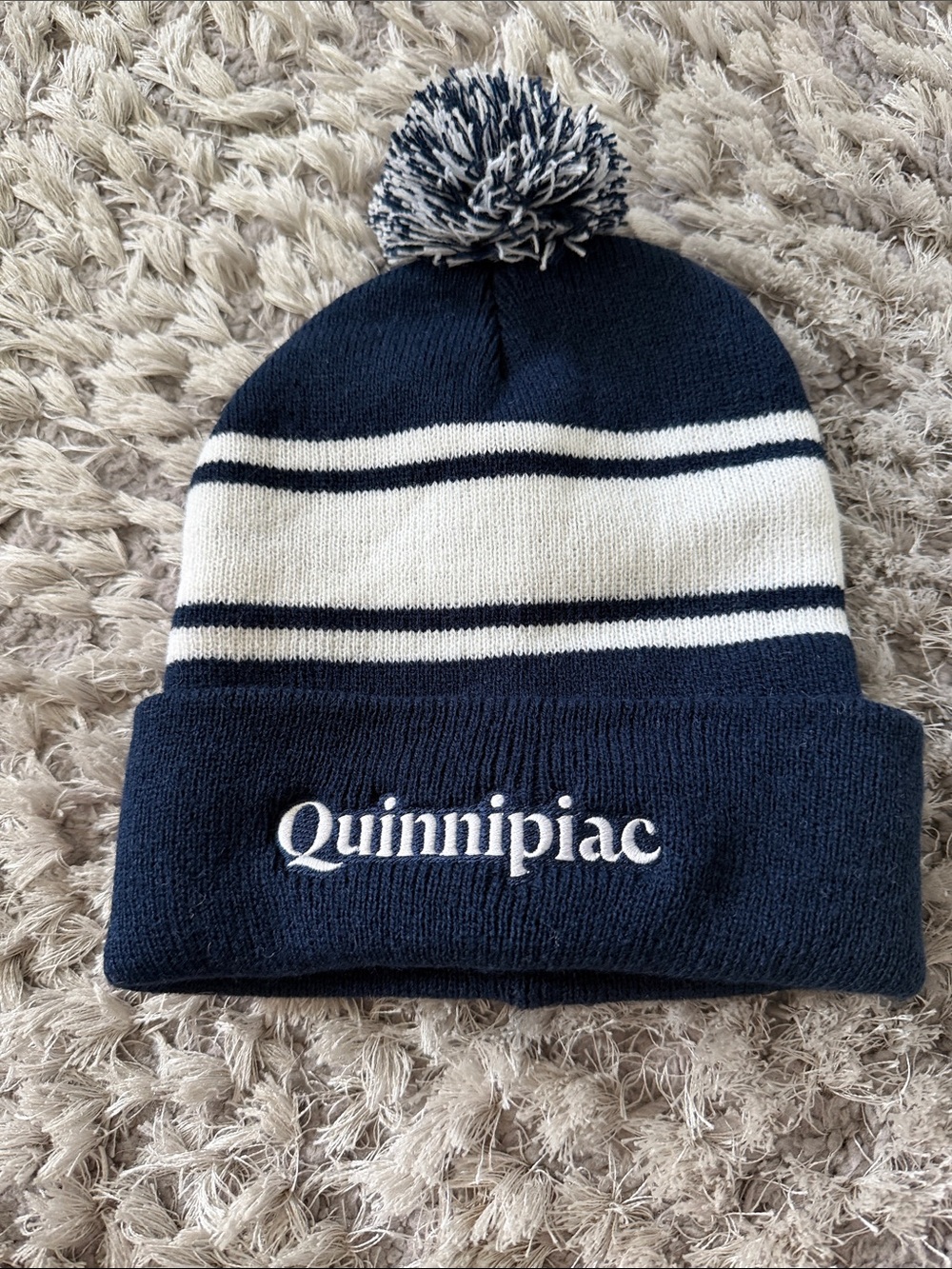 Quinnipiac Navy & White Pom Beanie
